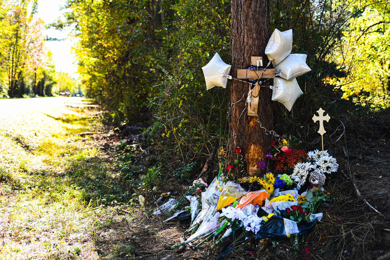 A roadside memorial for 18-year-old Northwood student Bryan Vilchis from last Monday, who died in a car crash in Pittsboro on Old Graham Road Saturday.